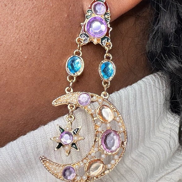 Women Rhinestone Earrings. Sun Crescent Moon Star Charm Asymmetric Earrings Jew - Picture 5 of 6